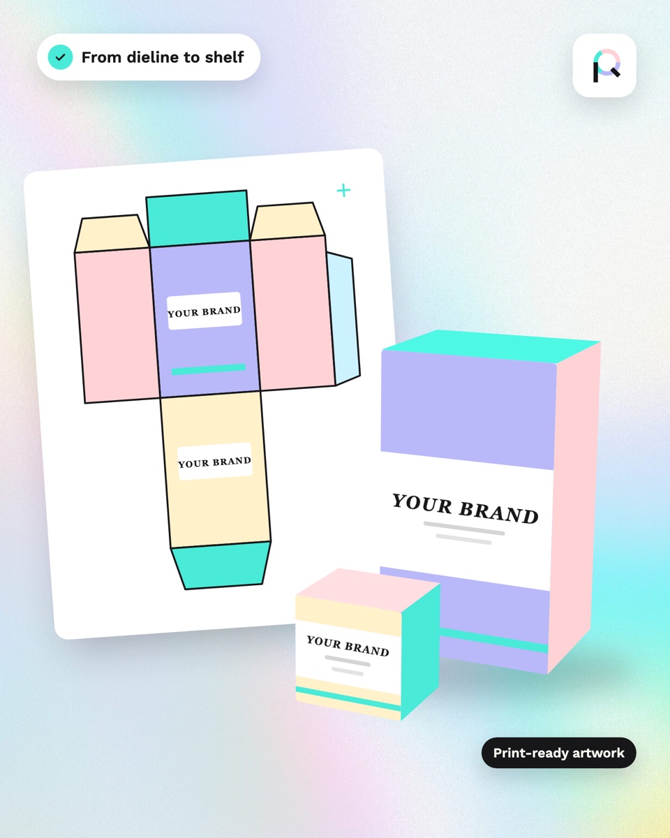 Unbranded packaging in Palettiq colours: a box dieline next to the finished boxes