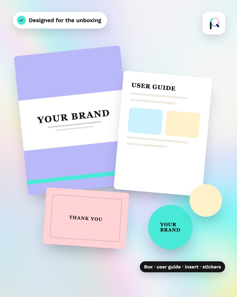 Packaging range illustration: box, user guide, thank-you insert and stickers in Palettiq colours