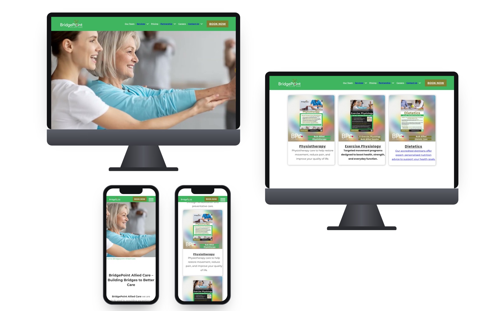 Allied health clinic website shown on two desktop screens and two phones
