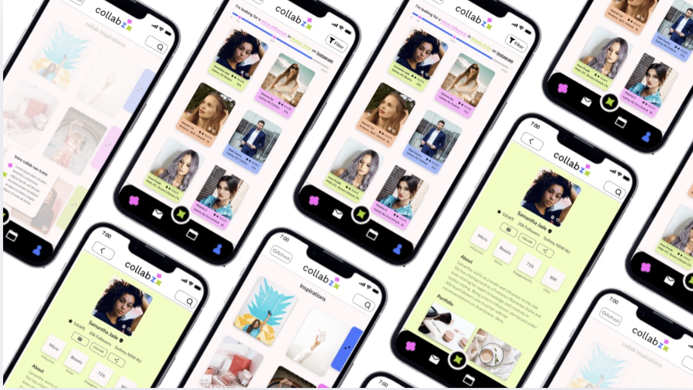 Mobile app screens: influencer search results, influencer profile and inspiration feed